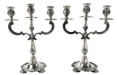 Antique Portuguese 833 Fine Silver, Two Arm, Three Light Candelabra