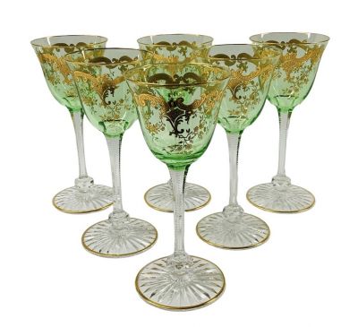 Antique St. Louis Crystal Coloured Wine Glasses, circa 1920