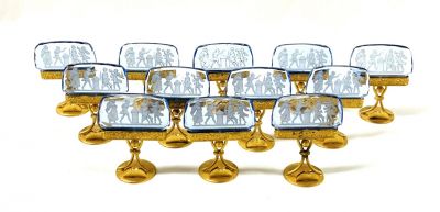 Austrian Cut And Etched Blue Glass Place Card Holders, circa 1930s