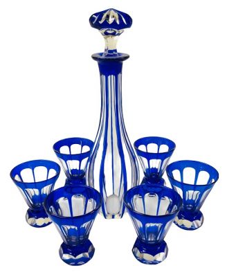 Crystal Decanter And Matched Glasses In Cobalt Blue
