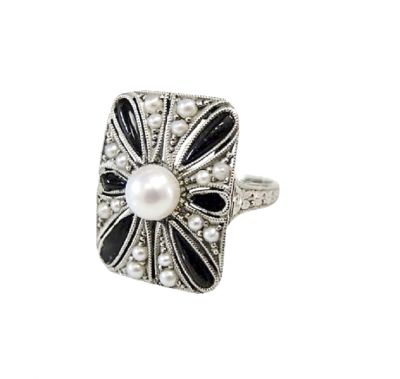 Art Deco Pearl Seed Pearl and Onyx Floral Enamel Ring