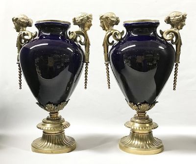 Decorative French Cobalt Blue Porcelain Urns