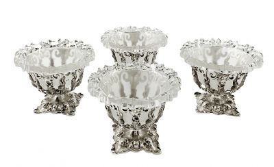  Early Victorian Sterling Silver And Glass Salt Cellars, circa 1844