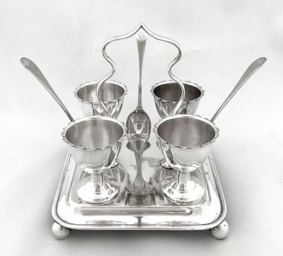 Edwardian Silver Plate Egg Stand With The Original Egg Cups And Spoons