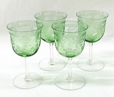 Etched Crystal Wine Glasses, circa 1910-20