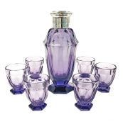 French Art Deco Amethyst Coloured Cut Glass Cocktail Shaker And Glasses