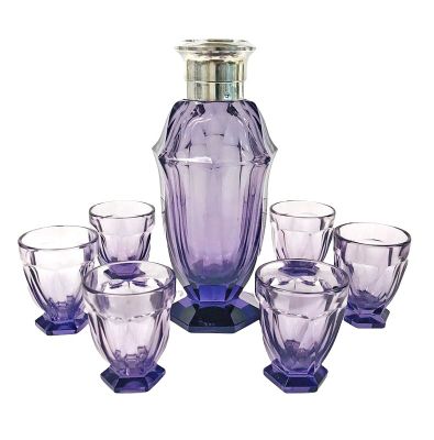 French Art Deco Amethyst Coloured Cut Glass Cocktail Shaker And Glasses