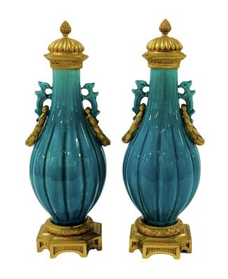French Earthenware Pottery Mantle Urns, Early 20th Century