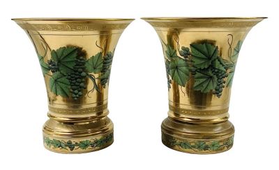 Gilded Porcelain Cachepots And Stands, French 19th Century