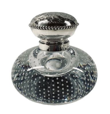 Large Victorian Sterling Silver Mounted Controlled Bubbles Inkwell, circa 1900