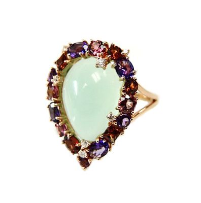 Modern Aquamarine Tourmaline Amethyst Garnet and Diamond Ring