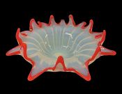 Vintage Murano Opalescent Glass Bowl With A Contoured Coral Red Trim