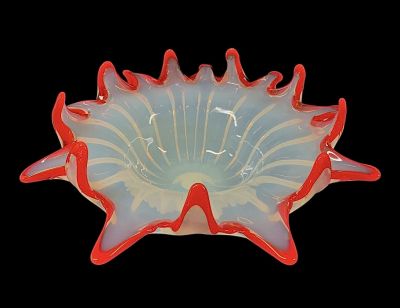 Vintage Murano Opalescent Glass Bowl With A Contoured Coral Red Trim