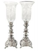 Victorian Era Silver Candlesticks With Etched Glass Hurricane Shades