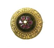 Victorian Etruscan Pearl and Ruby Brooch 