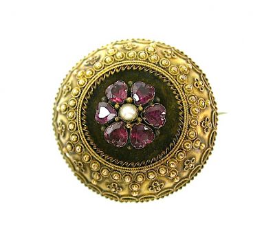 Victorian Etruscan Pearl and Ruby Brooch 