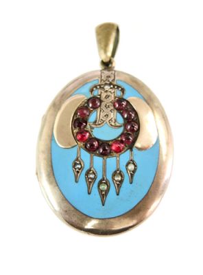 Victorian Seed Pearl and Garnet Locket Enamel Pendant