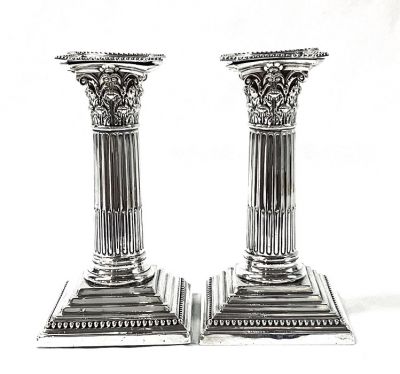 Victorian Sterling Silver Corinthian Column Candlesticks, Circa, 1891 