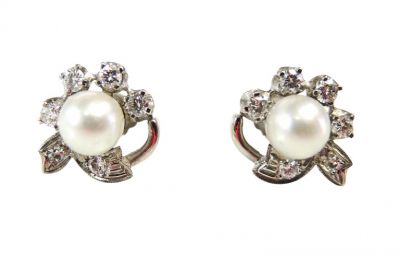 Vintage Cultured Pearl and Diamond Earrings