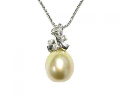 Vintage Cultured Pearl and Diamond Pendant and Platinum Chain