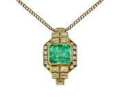 Vintage 3.73ct Emerald and Diamond Pendant and 18kt. Yellow Gold Chain