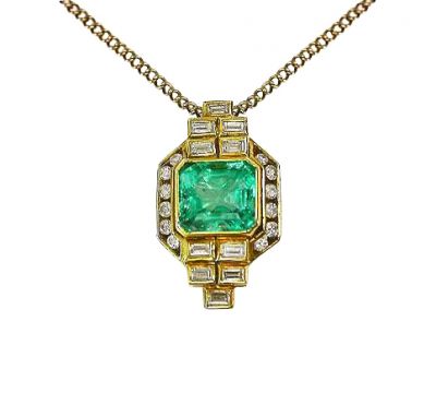 Vintage 3.73ct Emerald and Diamond Pendant and 18kt. Yellow Gold Chain