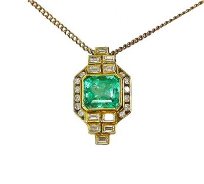 Vintage Emerald and Diamond Pendant and 18kt. Chain