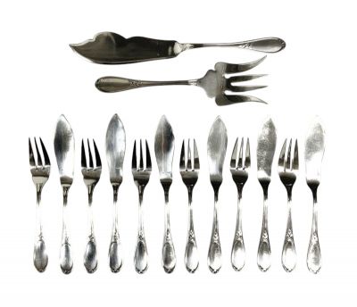 Vintage Ercuis Silver Plate Fish Service, “Lauriers” Pattern