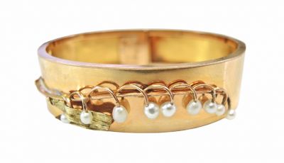 Vintage Freshwater Pearl Lily Of The Valley Hinged Bangle Bracelet