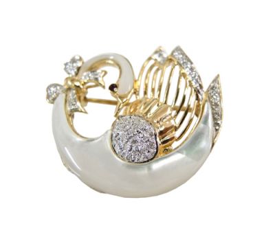 Vintage Mother of Pearl Ruby and Diamond Swan Pendant Brooch