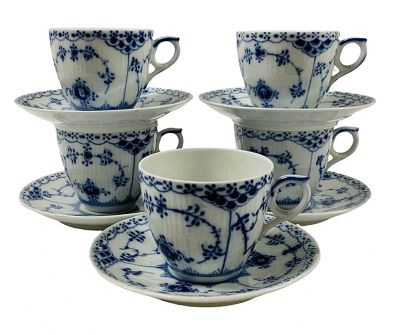 Vintage Royal Copenhagen Blue Fluted Half Lace Pattern Teacups And Saucers