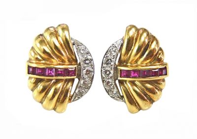 Vintage Ruby and Diamond Fancy Shell Motif 18kt Earrings