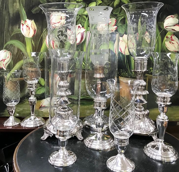 Vintage Silver Candlesticks With Hurricane Shades