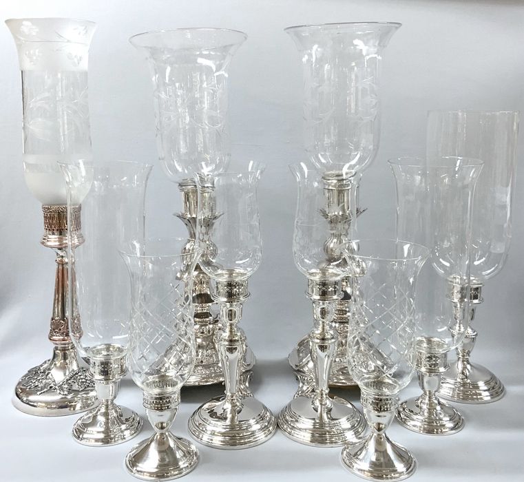 Vintage Silver Candlesticks With Hurricane Shades
