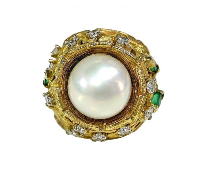 Vintage South Sea Pearl Diamond Emerald Ring