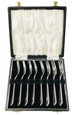 Vintage Sterling Silver Strawberry Forks In The Original Presentation Box, circa 1957
