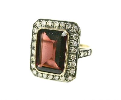 Art Deco Style 2.06ct Garnet and Diamond Ring in 18kt Yellow Gold and Silver