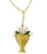 Vintage Pearl and Enamel Basket Pendant with Chain