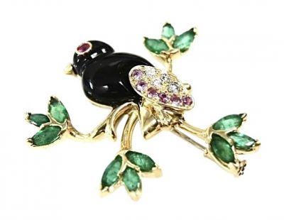 Bird and Leaf Modern Multi Gemstone Brooch