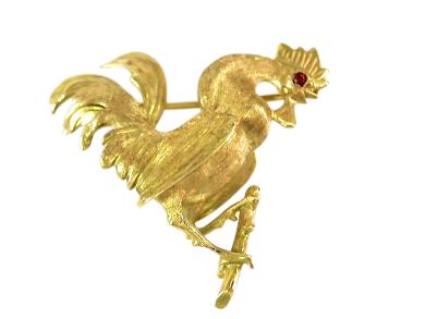 Vintage Imitation Ruby Rooster 18kt Brooch
