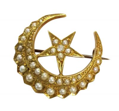 Vintage Seed Pearl with Diamond Crescent and Star Brooch