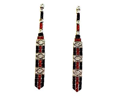 Art Deco Inspired Diamond Black Onyx Coral Earrings