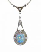Art Deco 6.35ct Black Opal and Diamond Pendant in 18kt White Gold and Chain