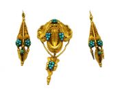 Brooch and Earring Set Gold and Turquoise Victorian