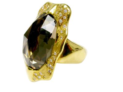 Modern Smoky Quartz and Diamond Ring