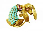 Vintage 18kt Gold Ruby Turquoise Dachshund Brooch