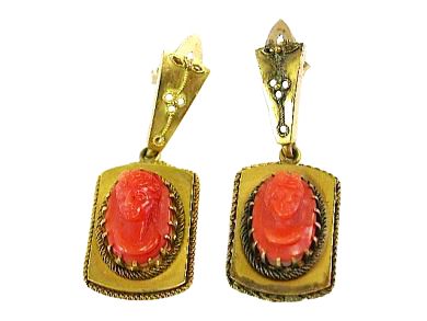 Victorian Coral Cameo Drop 14kt Earrings