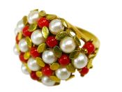 Vintage Coral and Cultured Pearl Cluster 18kt Ring
