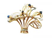 Edwardian Diamond Sapphire Pearl Floral Basket Brooch 