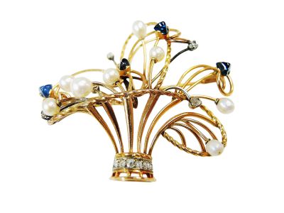 Edwardian Diamond Sapphire Pearl Floral Basket Brooch 